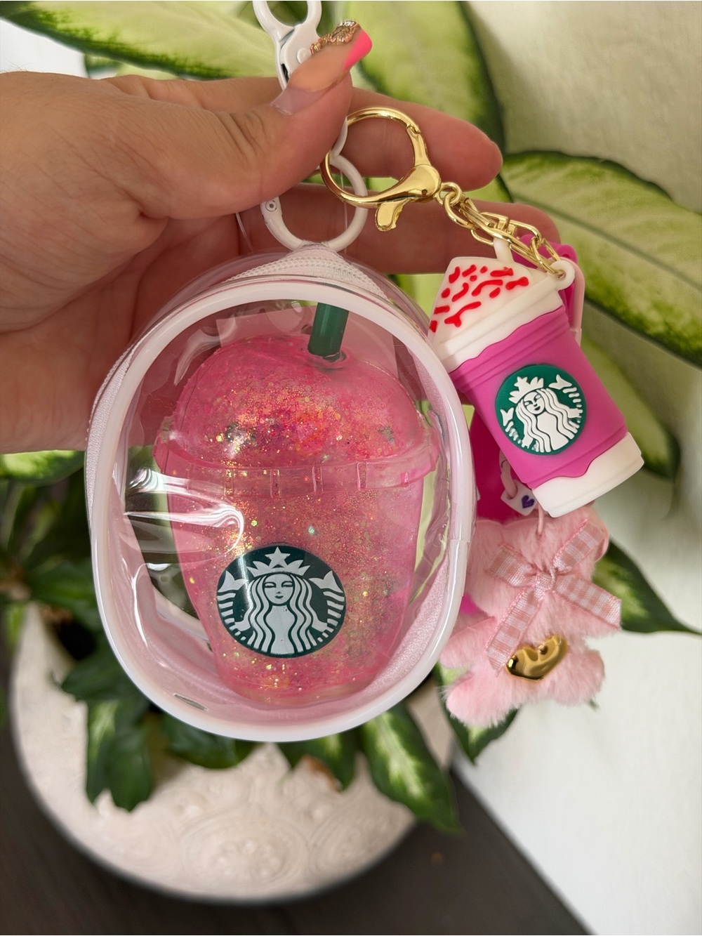 Starbucks Pink Glitter Drink Keychain Pouch with Pink Charm and Squishy